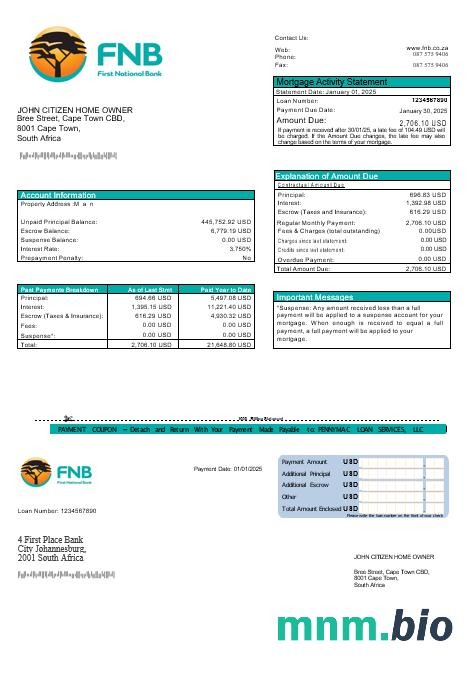 Południowa Afryka First National Bank (FNB) wyciąg z kredytu hipotecznego w formatach Word i PDF